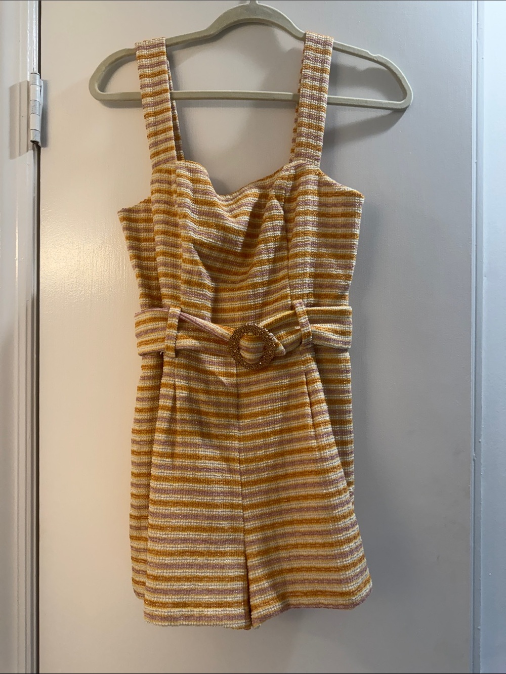 Lavender Brown Yellow/Lilac/Cream Striped Belted Romper